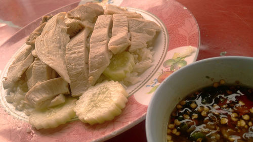 High angle view of breakfast on table