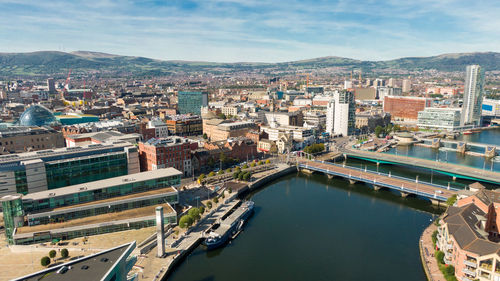 High angle view of buildings in city