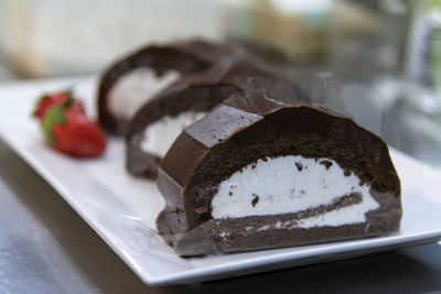 Close-up of chocolate cake in plate