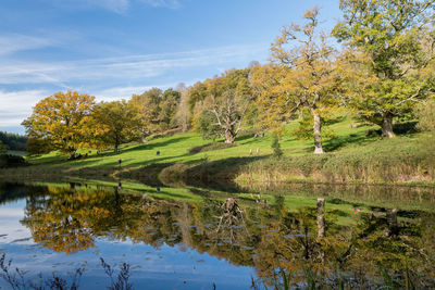 View of the autumn colours around the lake at stourhead gardens in wiltshire.