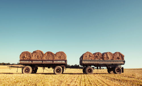 Hay bales on vehicle trailers against clear sky at farm