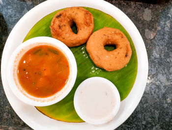 High angle view of food in bowl on table