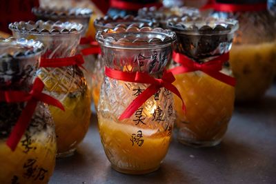 Close-up of drink in jar on table