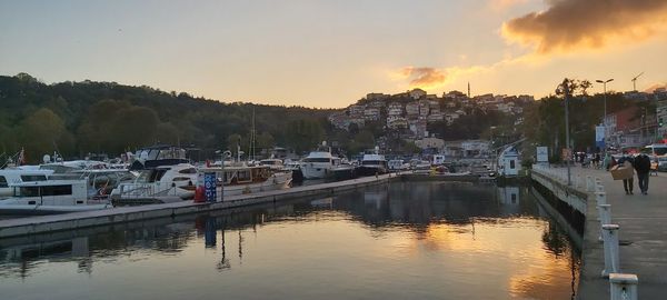Panoramic view of city buildings against sky during sunset