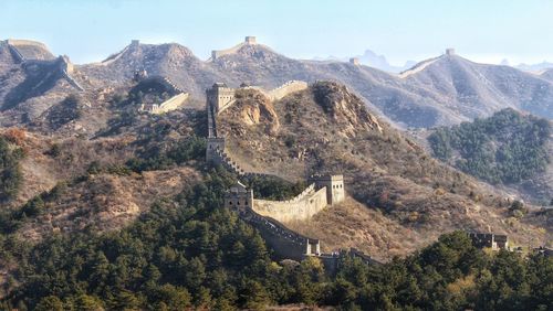 High angle view of castle on mountain