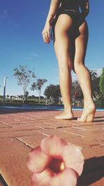 Low section of person in swimming pool against sky