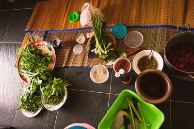 High angle view of potted plants on table