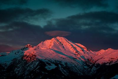 Scenic view of snowcapped mountain against sky during sunset