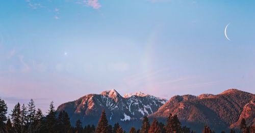 Scenic view of snowcapped mountains against sky during sunset