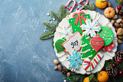 High angle view of christmas decorations on table