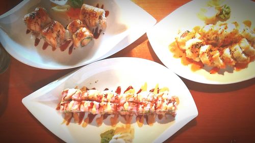 High angle view of sushi in plate on table