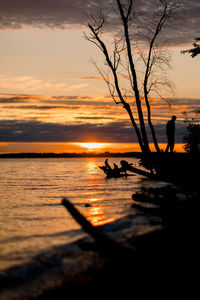 Silhouette people on shore against sky during sunset