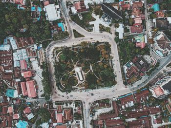 High angle view of city street and buildings