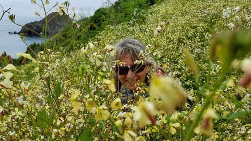 Portrait of woman with sunglasses on plants