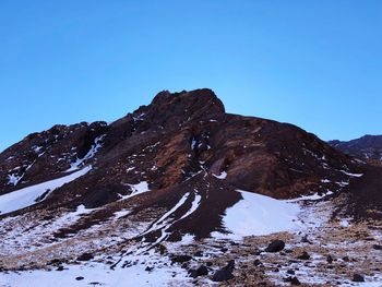 Scenic view of snowcapped mountains against clear blue sky
