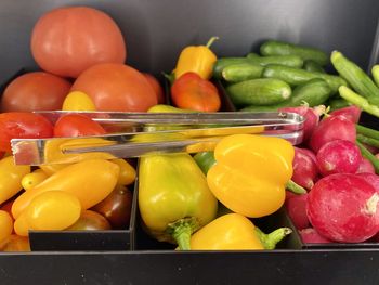 Close-up of bell peppers in container