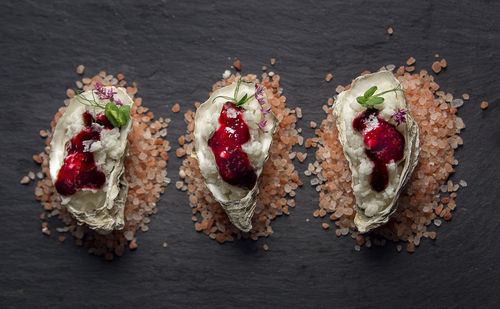 High angle view of dessert on table