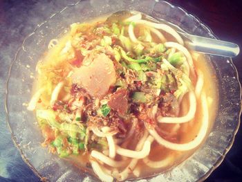 High angle view of soup in bowl