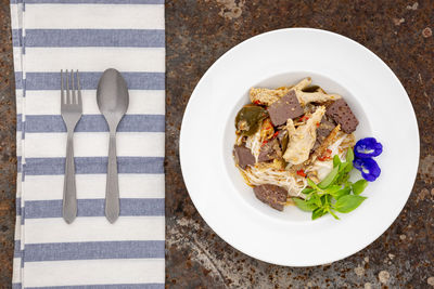 High angle view of food in plate on table