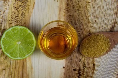 High angle view of drink on table