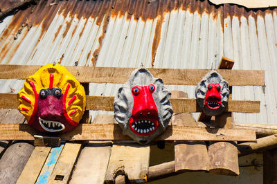 Low angle view of masks hanging on wall