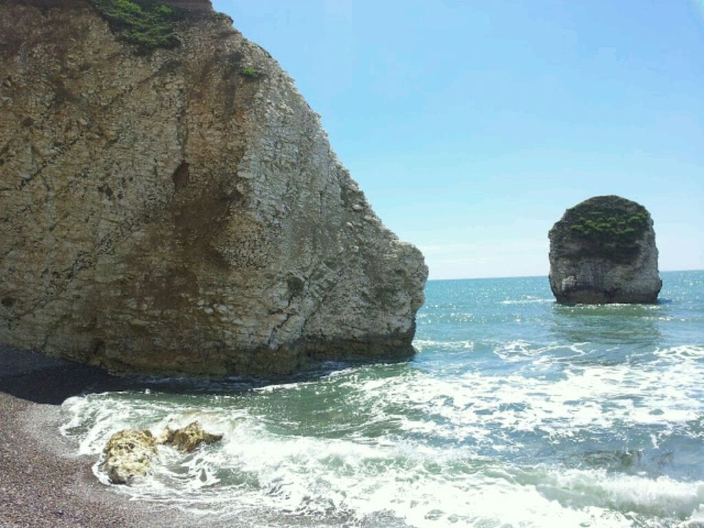 sea, water, rock formation, rock - object, scenics, horizon over water, beauty in nature, cliff, tranquil scene, tranquility, clear sky, rock, nature, beach, blue, sky, coastline, shore, idyllic, wave