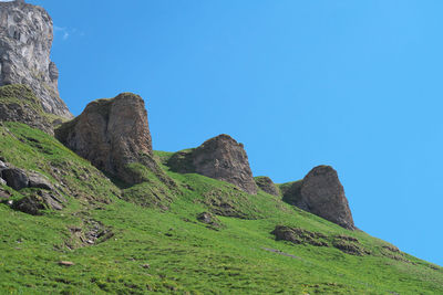 Scenic view of rocks against clear blue sky