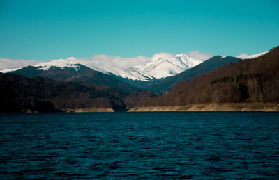 Scenic view of lake and mountains against sky