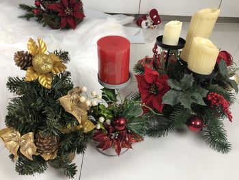 Directly above shot of christmas decorations on table