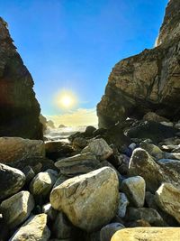 Rocks by sea against sky