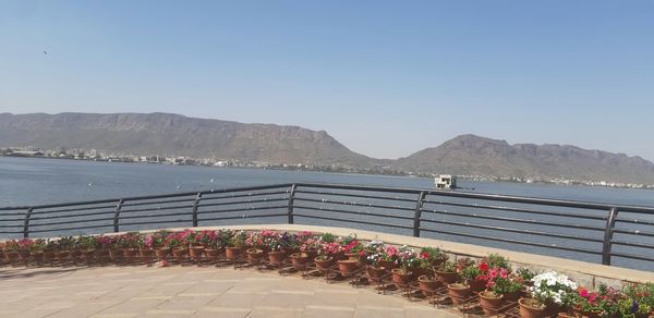 Scenic view of sea against clear blue sky