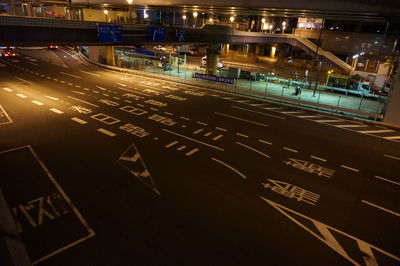 High angle view of city street at night
