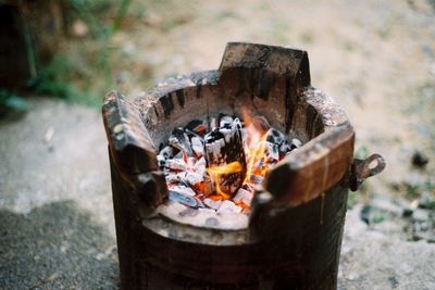 High angle view of wood burning stove