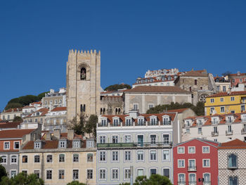 Low angle view of buildings against clear blue sky