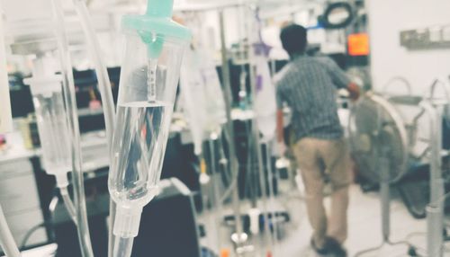 Close-up of iv drip in hospital