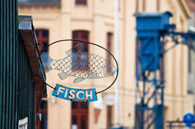 Fish signboard against blurred built structure