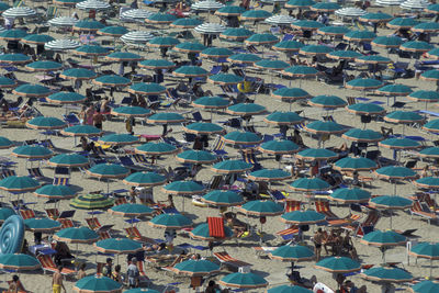 High angle view of chairs in row