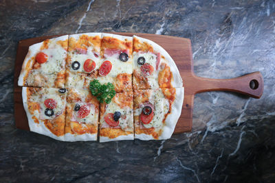 High angle view of pizza on table