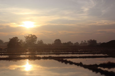 Scenic view of lake against sky during sunset