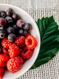 High angle view of strawberries in bowl on table