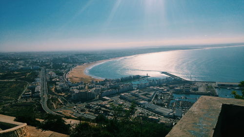 High angle shot of cityscape and sea