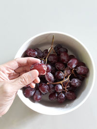 Hand pick purple grape from bunch of grapes in bow below