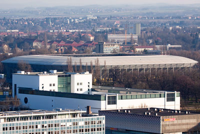 High angle view of illuminated buildings in city