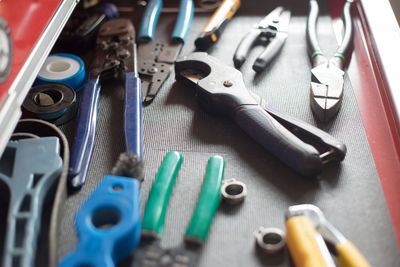 High angle view of tools on table