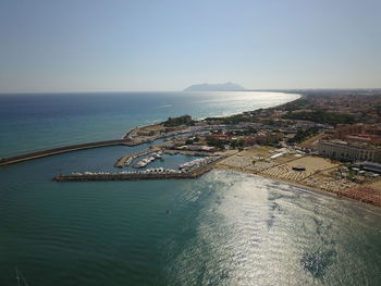 High angle view of sea against clear sky