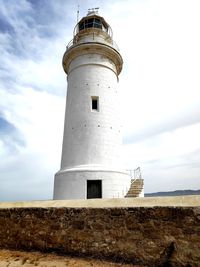 Low angle view of lighthouse against building