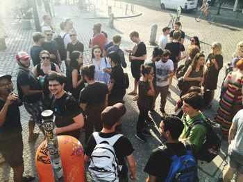 High angle view of crowd standing outdoors