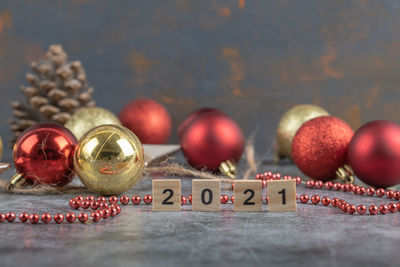 Close-up of christmas decorations on table