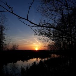 Silhouette bare trees by lake against sky during sunset