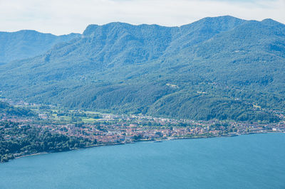 Aerial view of luino and germibnaga on the lake maggiore